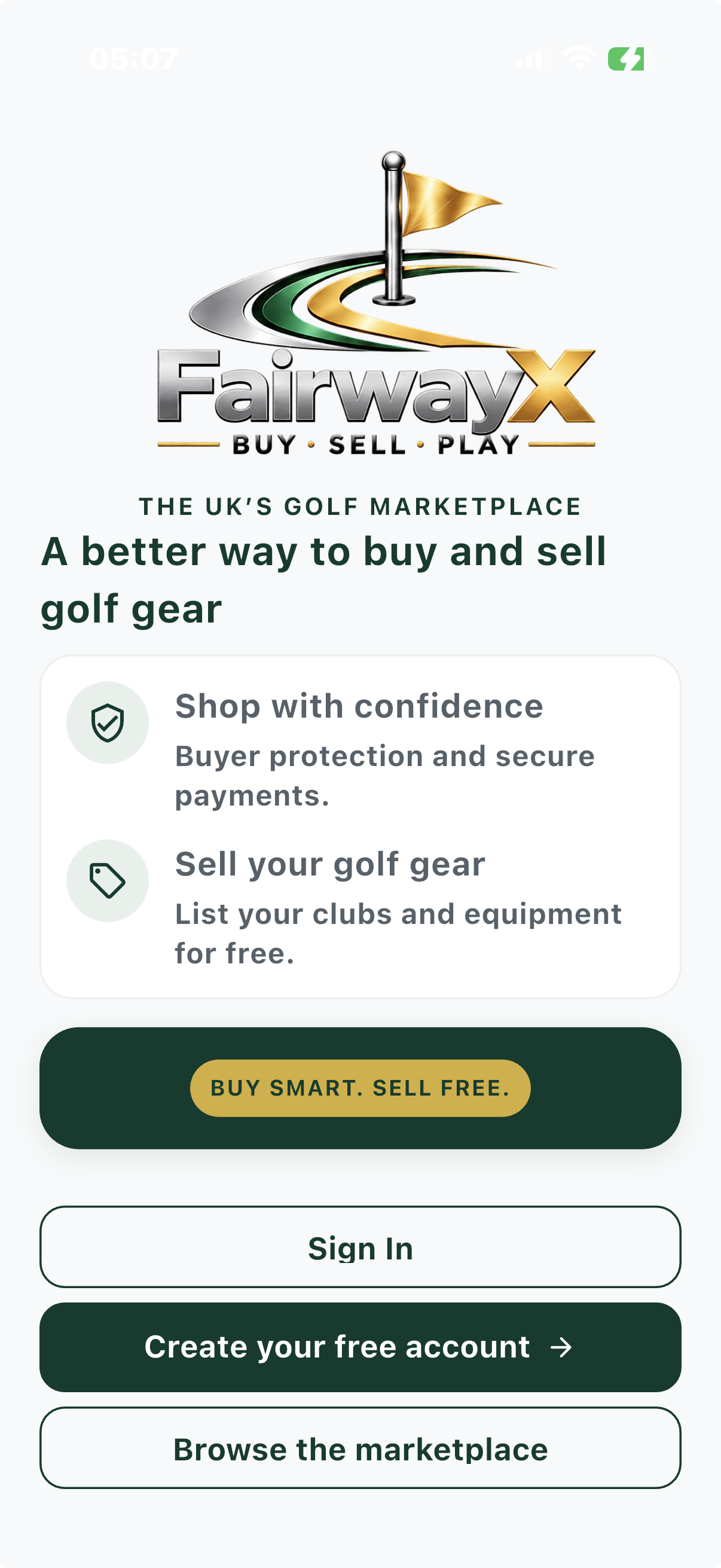 FairwayX app welcome screen with options to sign in, create a free account or browse the golf marketplace